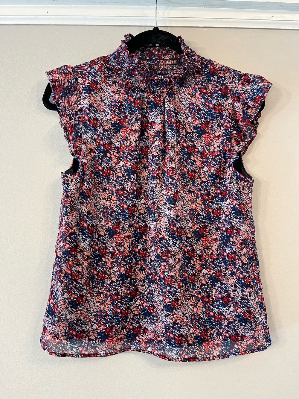 Banana Republic Navy & Pink Floral Ruffle Mock-Neck Blouse